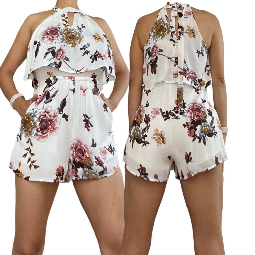 Blue Rair Womens Romper Size XXS Ivory Floral Halter Sleeveless Lined